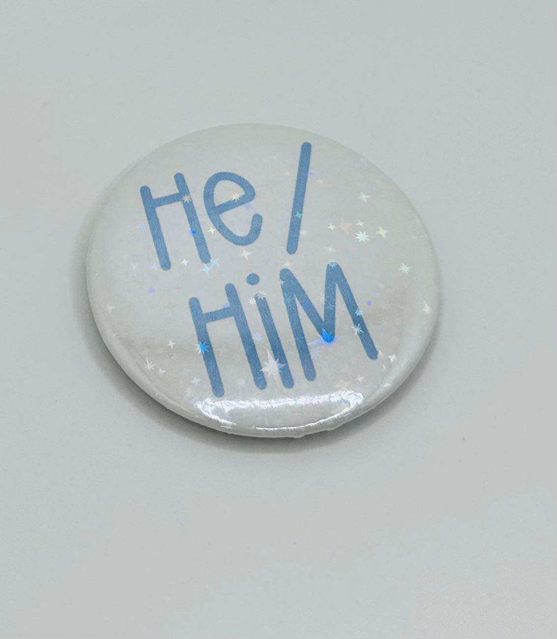 Holographic He/Him Pronoun Buttons