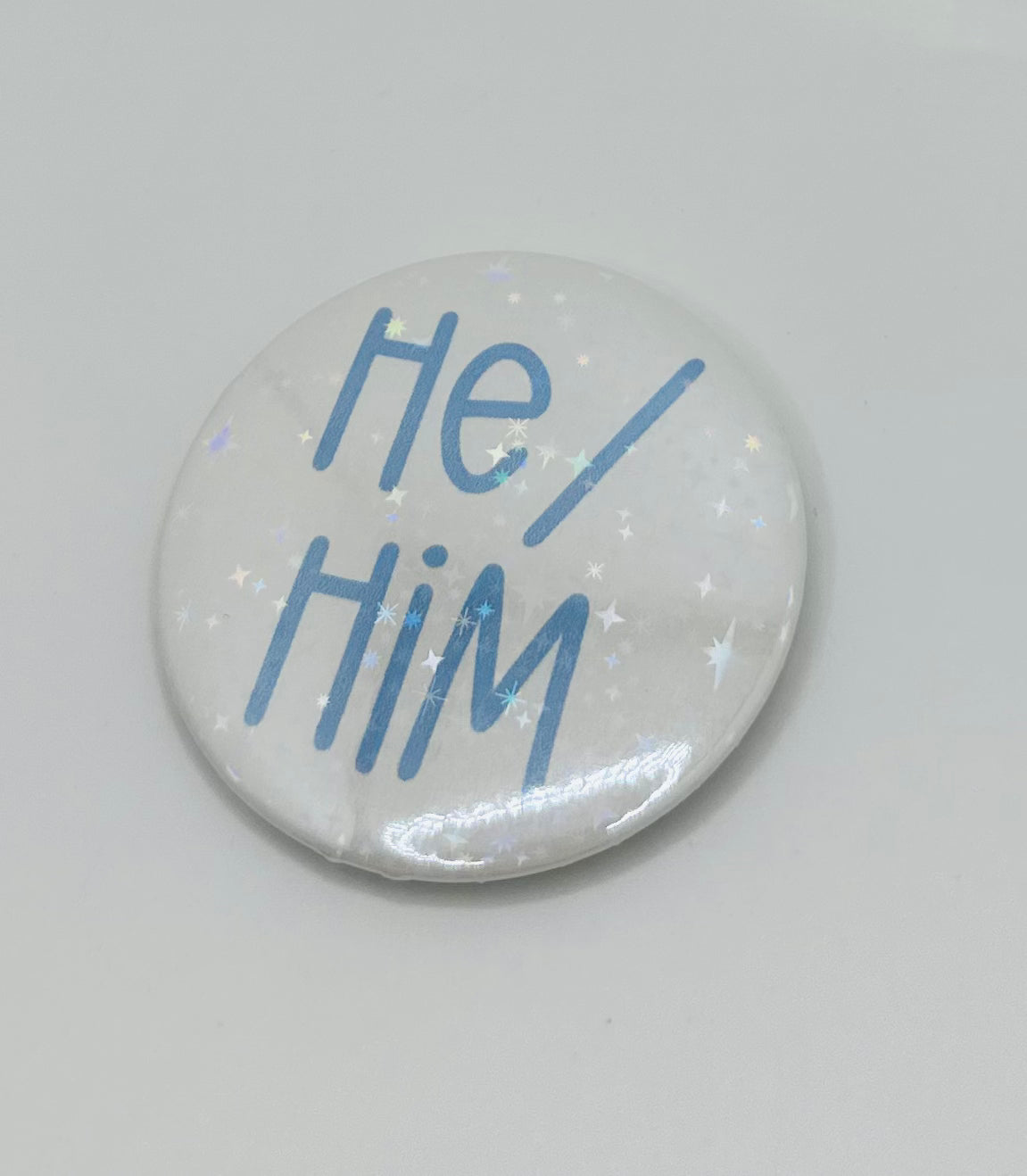 Holographic He/Him Pronoun Buttons